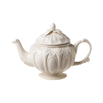 

British Embossed Retro Cream Color Ceramic Kettle Coffee Teacup Set