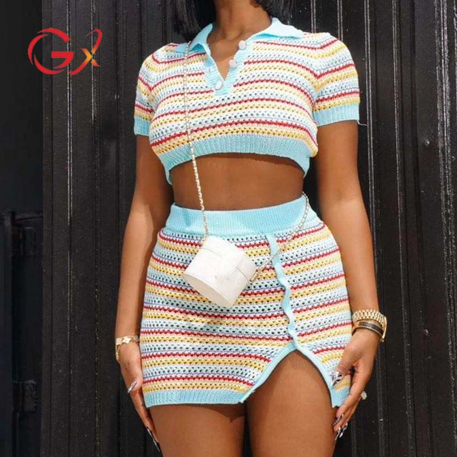 

GX9904 Fashion boutique elegant summer women clothing street wear short sleeve knitted Stripped shirt and Mini Skirt 2 piece set