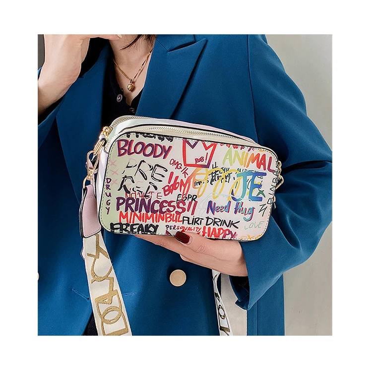 

Fashion Wide Shoulder Strap Graffiti Small Square Bag Wild Letter Printed Crossbody Bags Stylish Painted Shoulder Bags Handbags