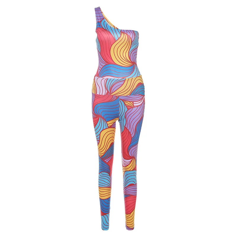 

Newest Summer Womens Bodycon Sexy Printed One Shoulder Yoga Butt Lift Out Door Bodysuit Jumpsuit, As picture