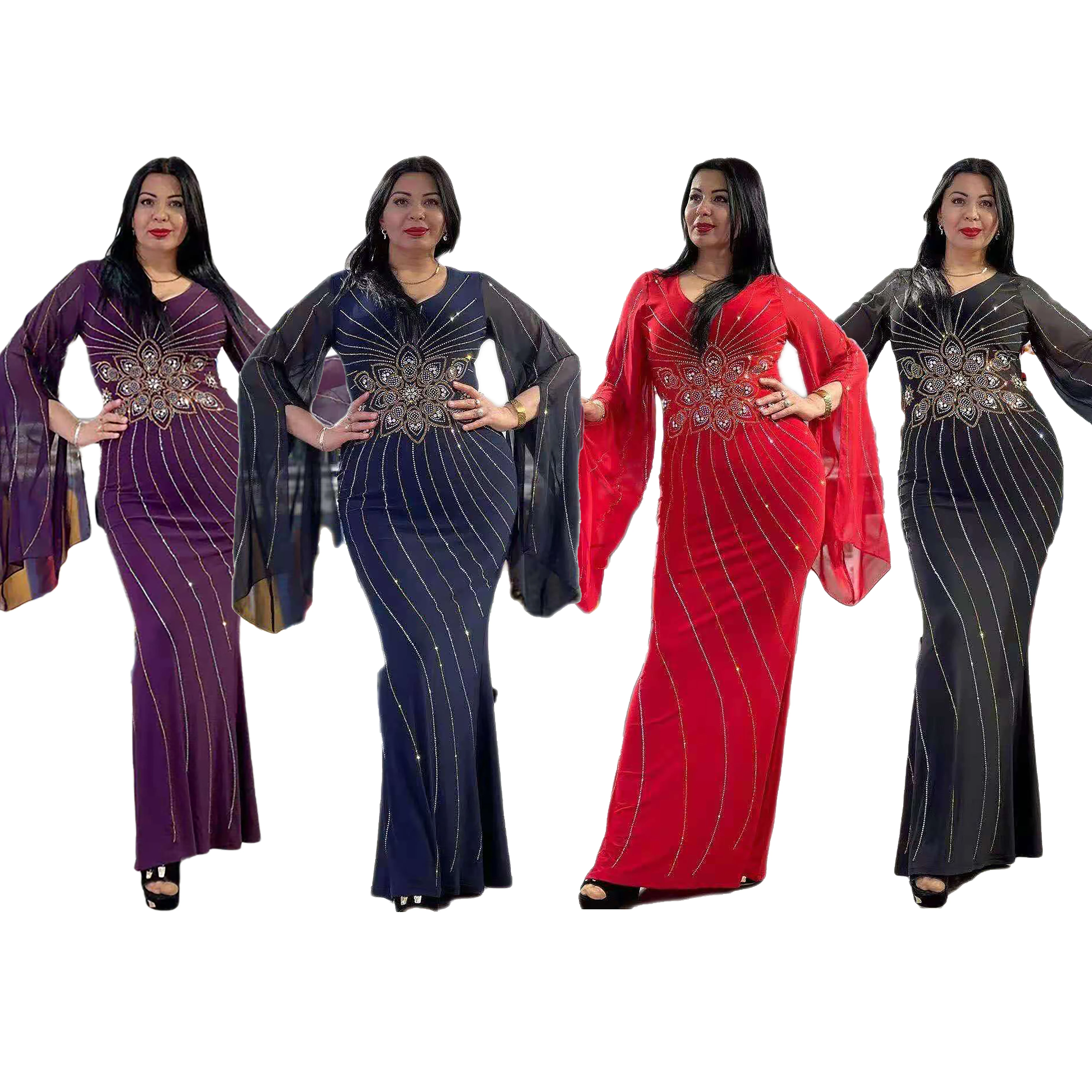 

Turkey African Slim Rhinestones Long Sleeve Islamic Clothing Monsoon Sexy Muslim Dress Abaya, Purple red blue black