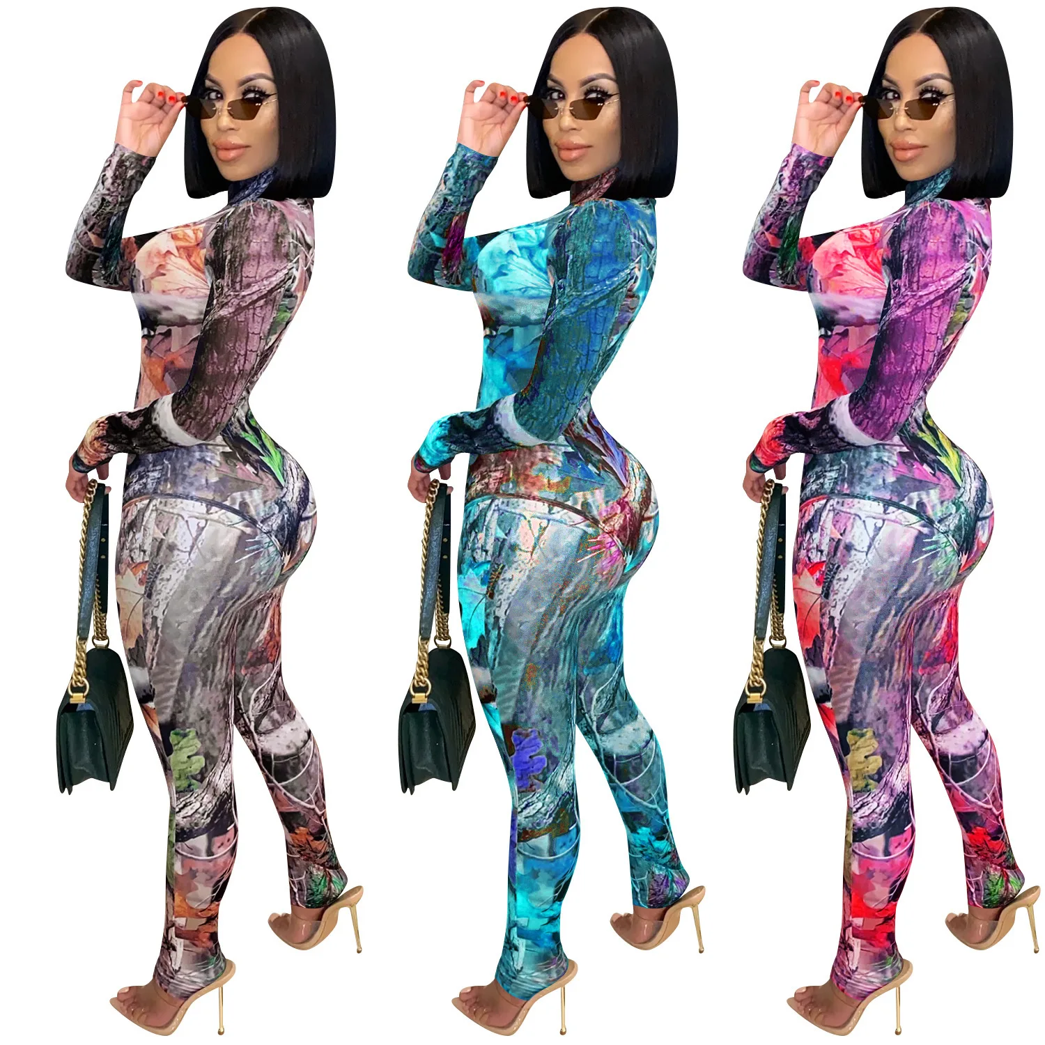 

Digital printed spandex skinny clothes sexy long sleeve one piece bodycon jumpsuit bodysuits women 2020