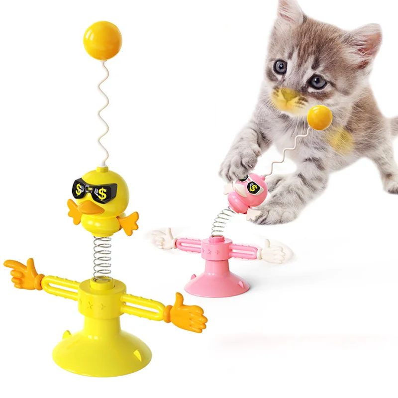

New Arrival Low MOQ Safe Material Suction Cup Spring Bird Durable Rotating Windmill Smart Interactive Cat Toy, Yellow,pink
