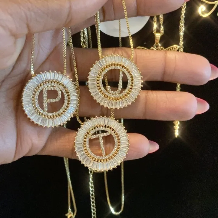 

Copper women 14K gold plated CZ letter pendant initial zircon necklace, Gold,silver