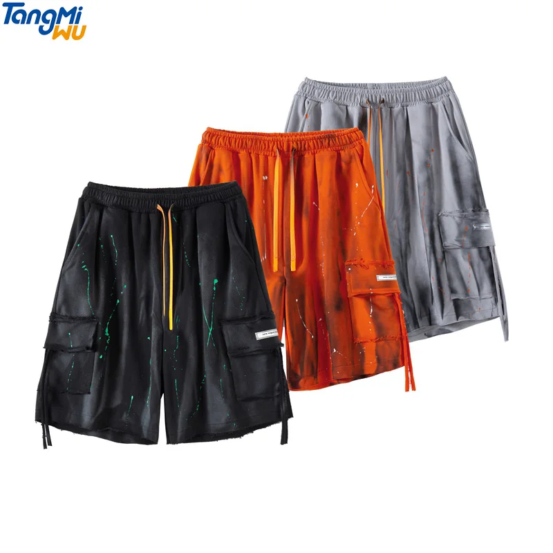 

New product Patchwork pocket splash-ink streetshorts cotton Drawstring mens tie dye cargo sweat shorts