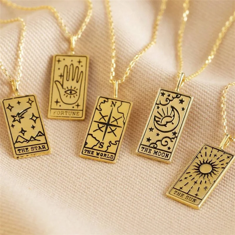 

Tarot Card Pendant Necklace Stainless Steel Jewelry Fortune Star World Sun Moon Heart Strength Friendship Fashion Necklaces, 8 colors