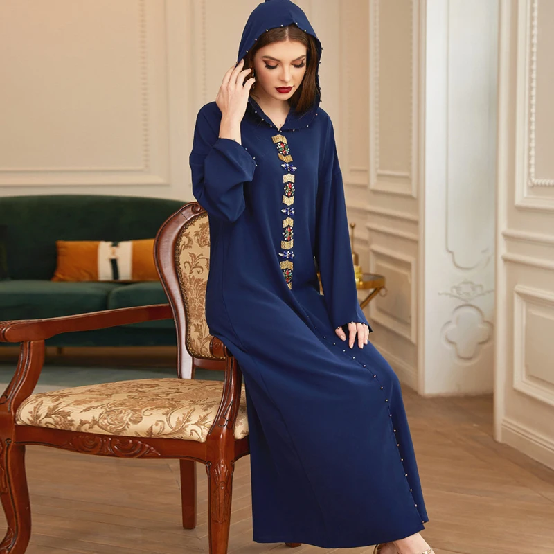

Wholesale Maroon Hooded Maxi Dress Women Quality Manual Sewn Diamond Abaya Dubai Turkey Arabic Moroccan Kaftan Ethnic Clothes