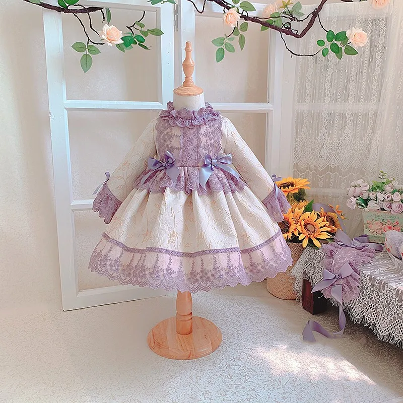 

2021 New Girls Spanish Long Sleeve Dress with Headwear Fall Autumn Baby Boutique Spain Ball Gowns Children Birthday Clothes