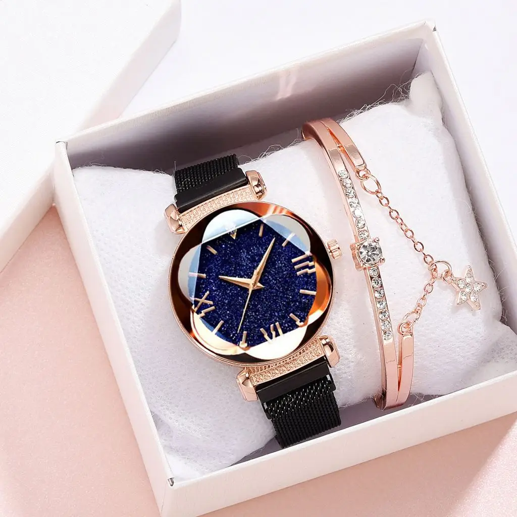 

Wholesale Fashion Starry Sky Magnet Watch With Bracelet Luxury Rose Gold Woman Watch Set Bracelet