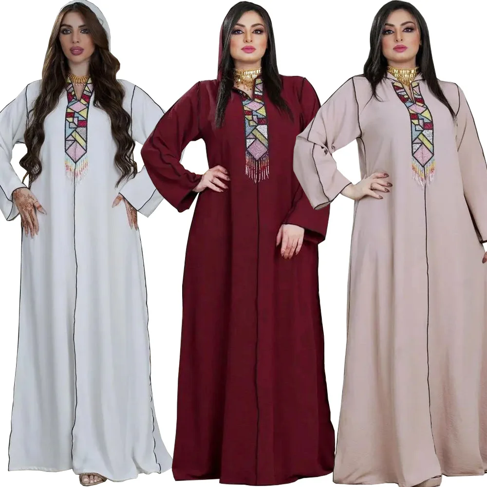 

AB215 Trendy Traditional Muslim Clothing Middle East Dubai Arab Hooded Robes Women Handmade Bead Tassel Satin Muslim Women Dress