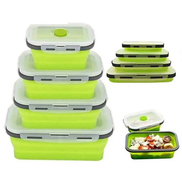 

4 Sizes Collapsible Silicone Food Container Portable Bento Silicone Lunch Box Home Kitchen Outdoor Food Storage Lunch Box, Red,blue,green