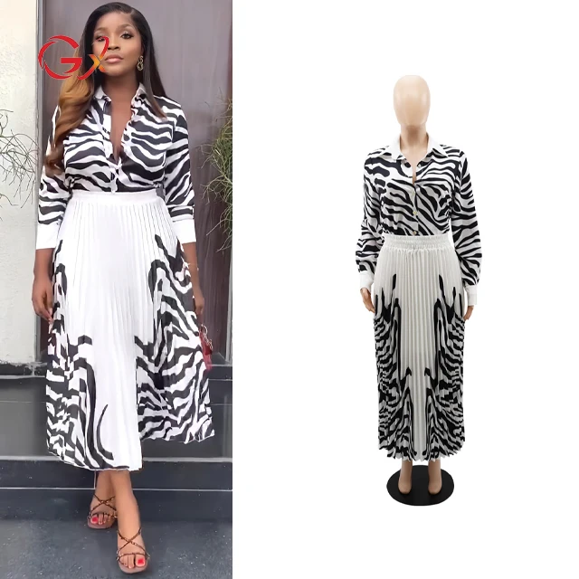 

GX10070 Fashion clothes vendor zebra long sleeve shirt and pleated maxi skirt matching suit women spring summer two piece set
