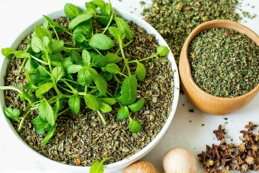 Fresh basil and dried basil side by side in measuring spoons