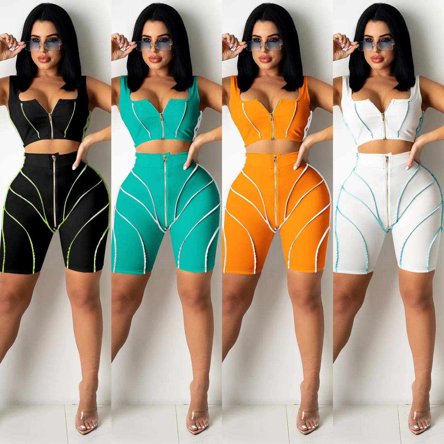 

2021 Summer Luxury Women Designers Clothes Famous Brands Women 2 Pieces Biker Shorts Set, Picture colors