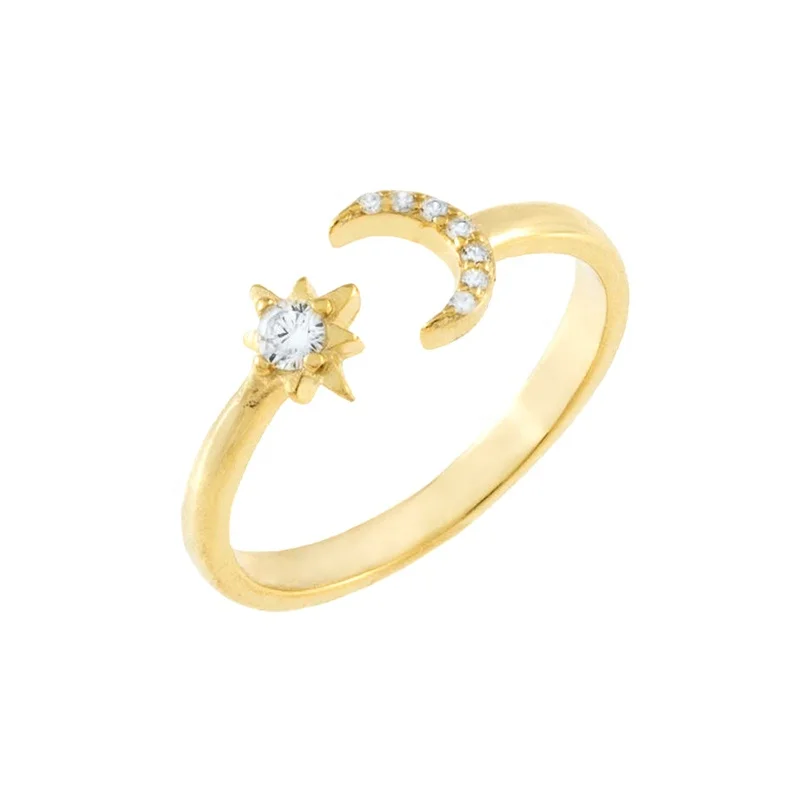 

Milskye Casual Cute Jewelry S925 18K Gold Plated Zircon Moon Star Opening Adjustable Ring