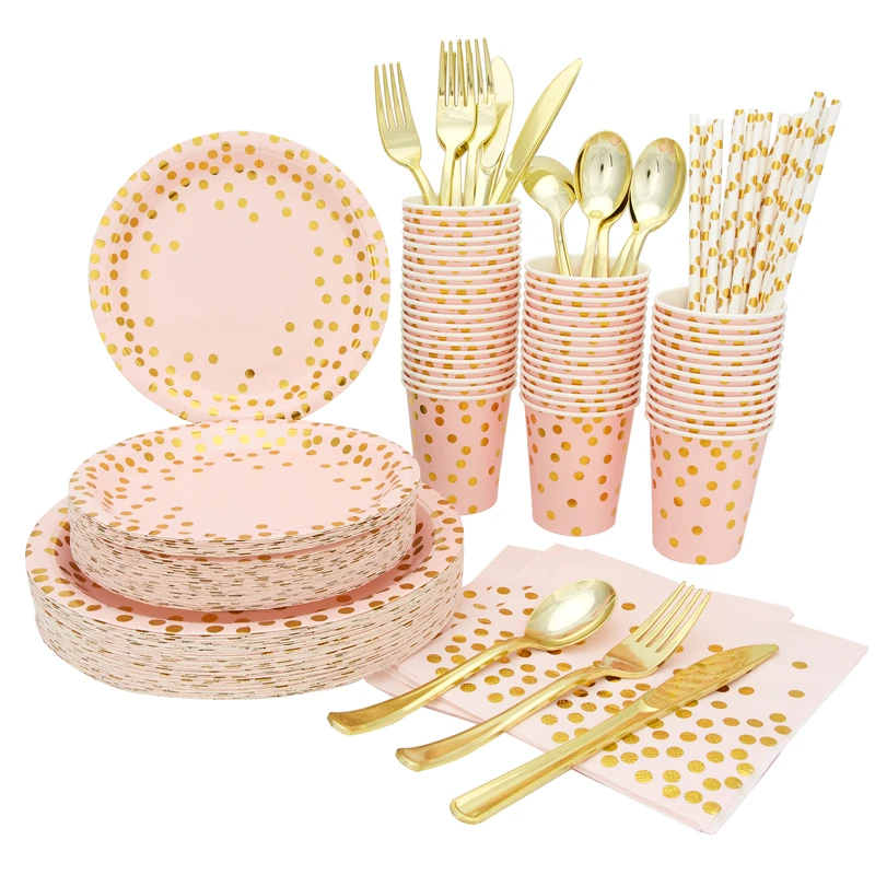 

Party Supplies golden point disposable banquet tableware paper plates napkins cups gold plastic forks knives spoons for wedding, Pink