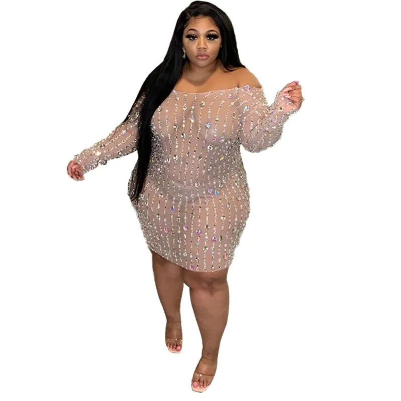 

Long Sleeve midi dress bodycon sexy see through Club Dress party wear Tight Mesh Drill Hip Wrap Plus Size casual dress women
