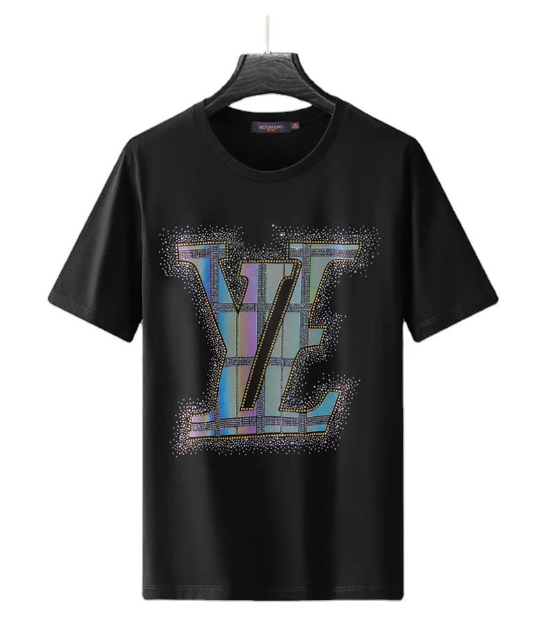 

Spring new popular logo T-shirt fashion trend hot drill laser print men's short sleeve T-shirt