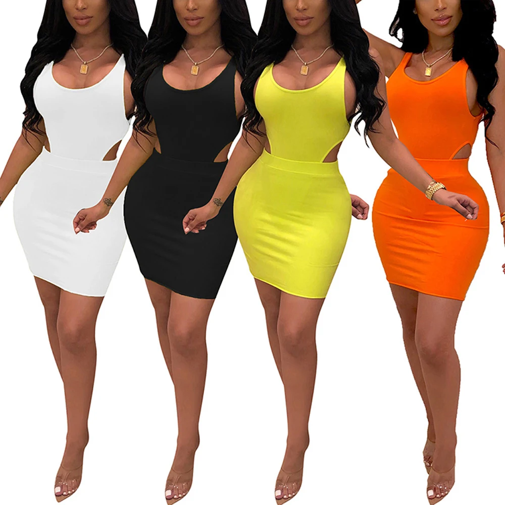 

Pure Color Black Crew Neck Sleeveless Mini Length Women Two Piece Set Sexy Bodycon Dress Women Clothing