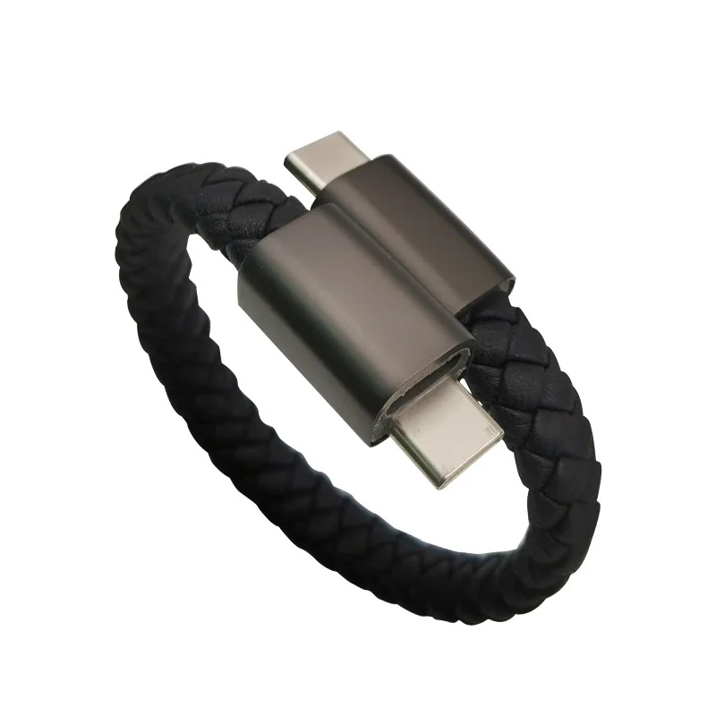 

20w dual input flat type c to fast charging pd and leather bracelet charger usb data mobile phone cable for iphone 11, Black
