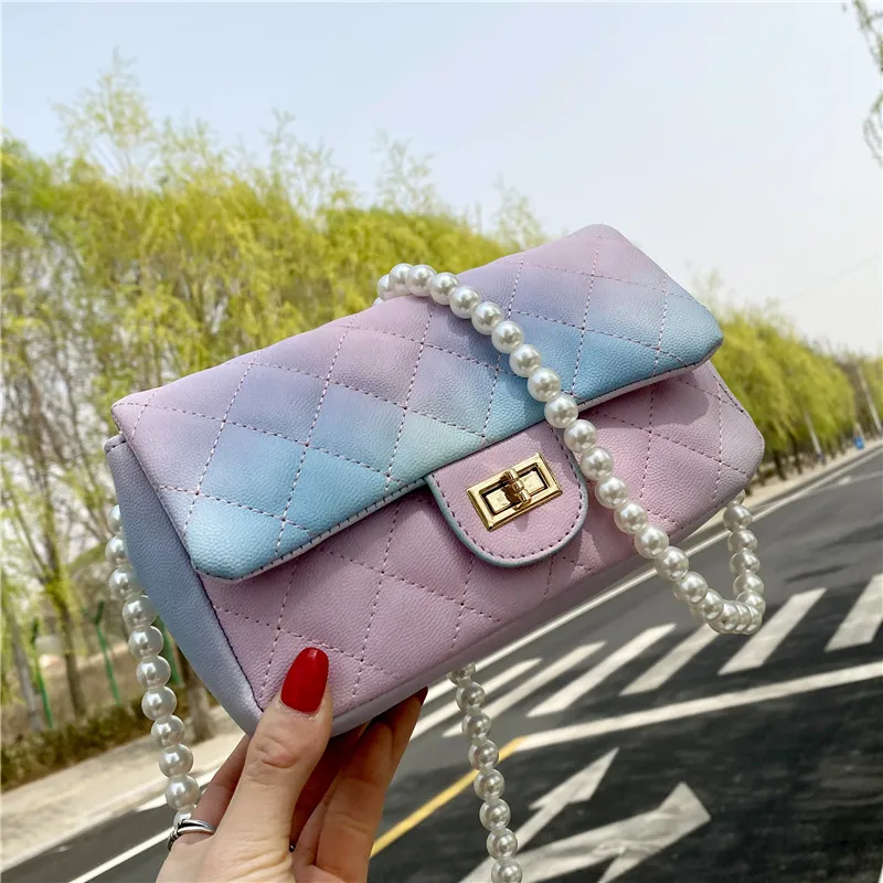 

New Women Diamond Lattice Summer Gradient Chain Bag Contrast Color Crossbody Bag Plaid Designer Luxury Handbag Purse for Girls, As picture