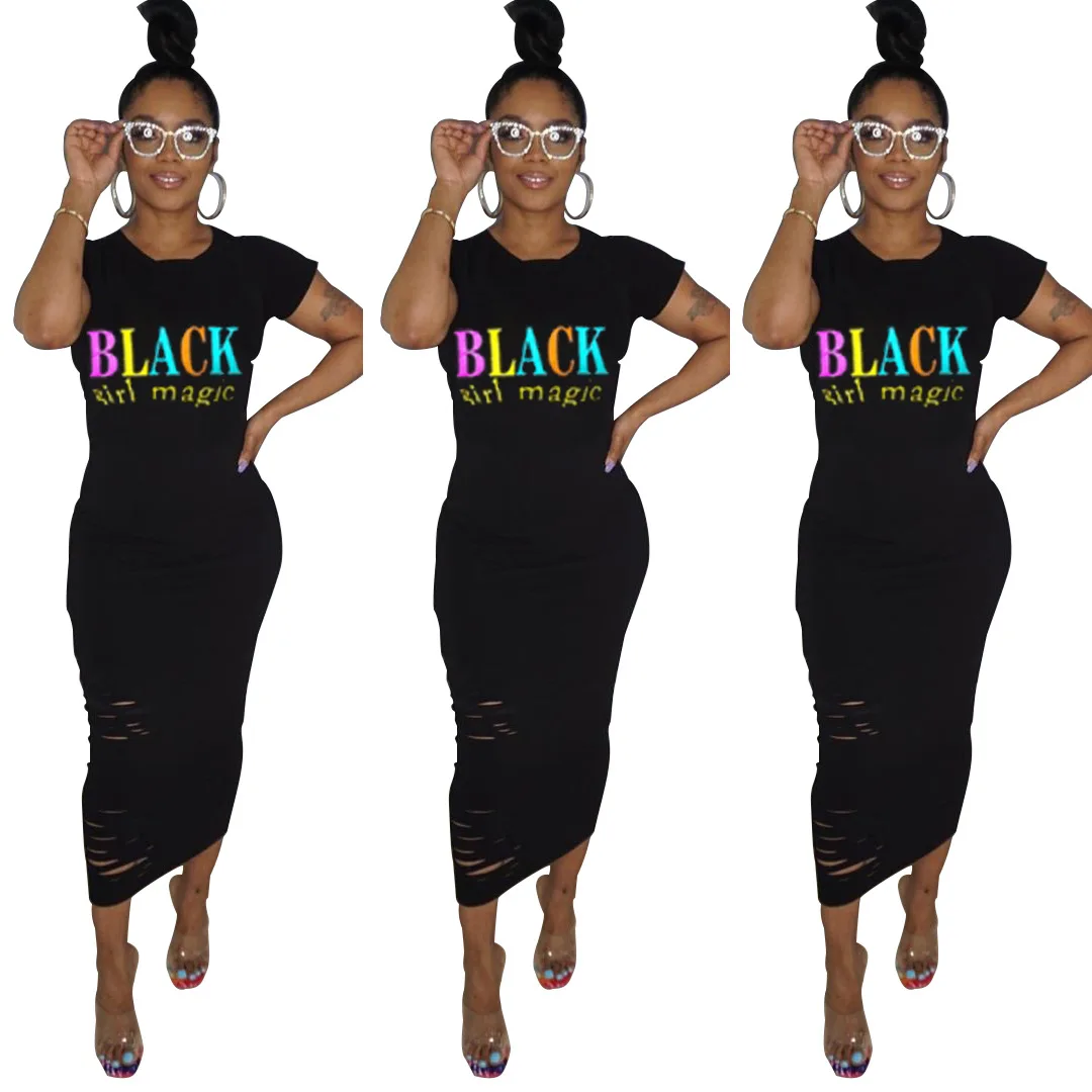 

Women Dresses Summer Short Sleeve Black Girl Magic Letter Printing Dresses Hollow Out Design