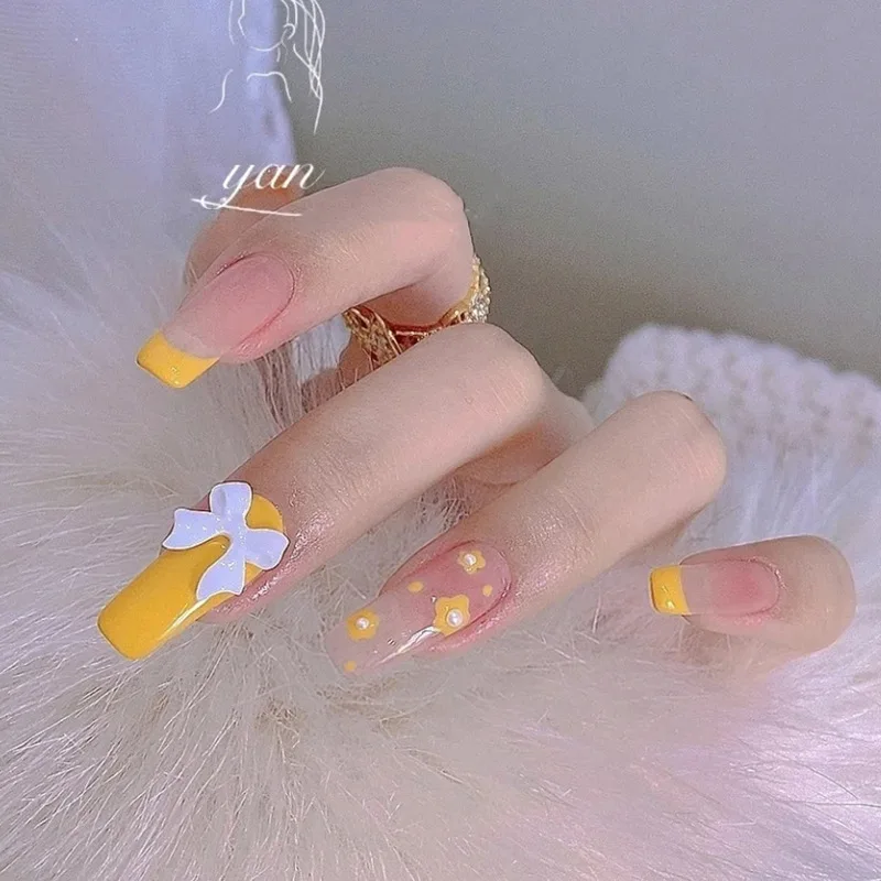 

Extra Long C Curve Nail Tips Square Acrylic Bowknot Yellow Natural Artificial Fingernails, Picture