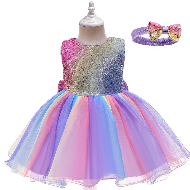 

KYO Girls Sleeveless Puffy Dress Children's Bowknot Belt Sequined Skirt with Headband Flower Christmas Holiday