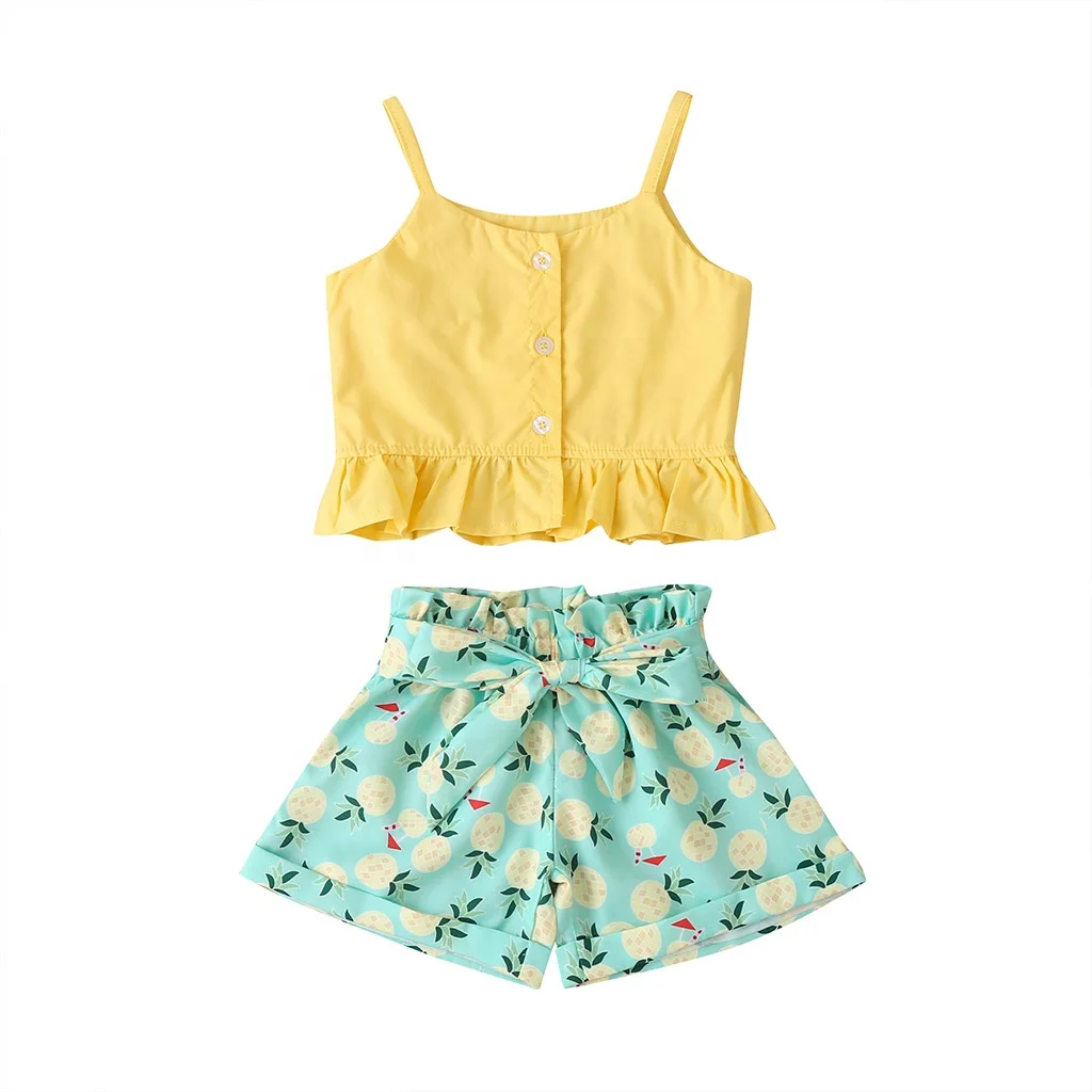 

Hot Sale Summer Tropical Style Light Color Sleeveless Tops Matching Girl's Shorts Children Clothes 2pcs Set