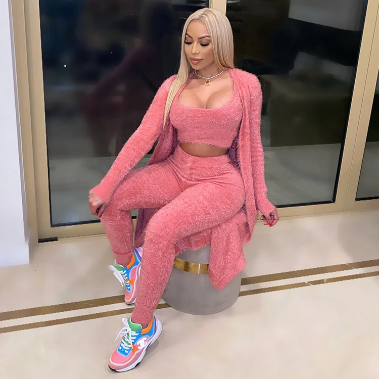 

2021 Casual Solid Color Fuzzy Ladies Three Piece Pant Sets Women Outfit Top And Pants With Long Coat 3 Pieces Pants Set Outfits, Pink,apricot,white,black,wine red