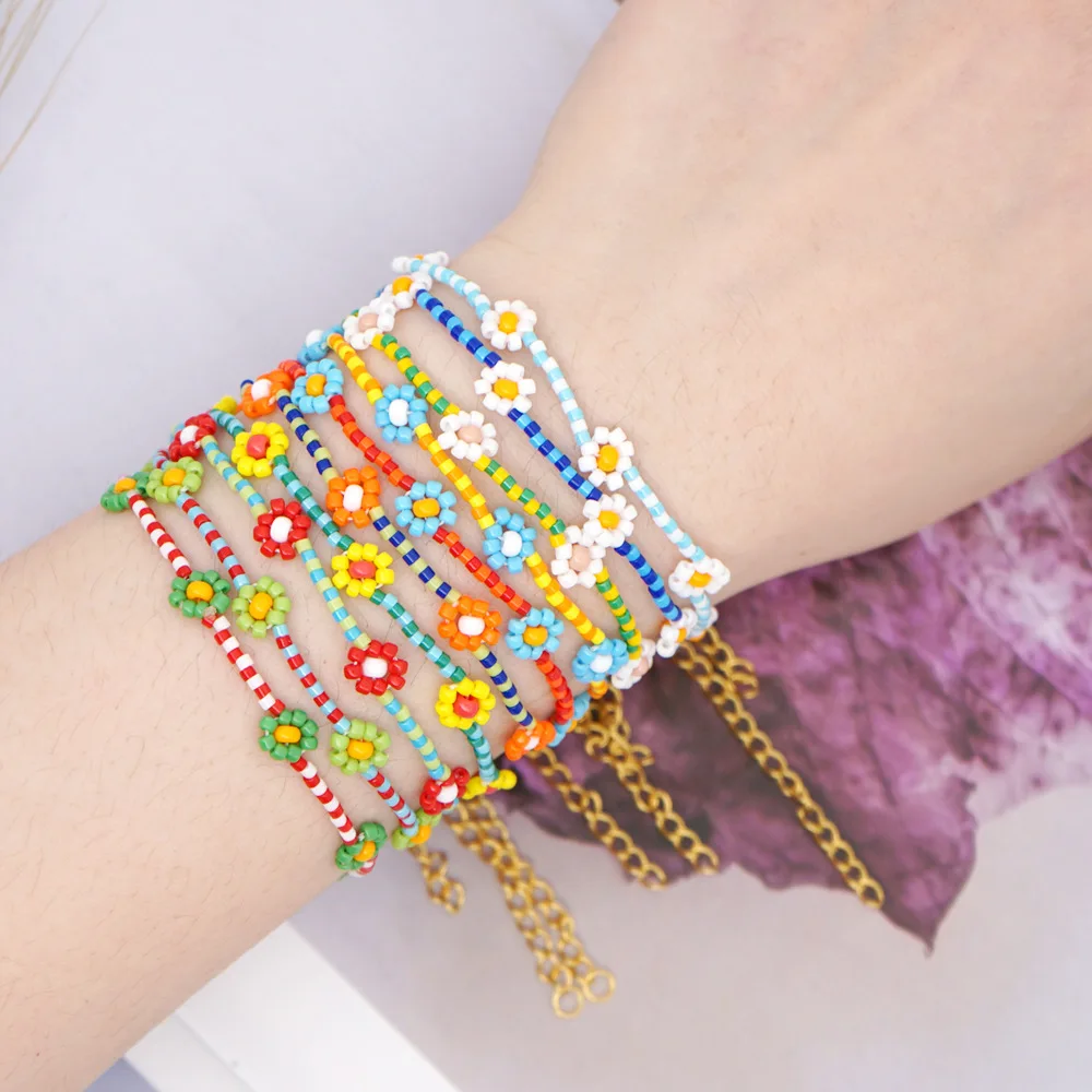 

Custom Creative Bohemian Colorful DIY Handmade Daisy Flower Charm Miyuki Seed Beads Bracelet for Women Summer Jewelry, Picture shows