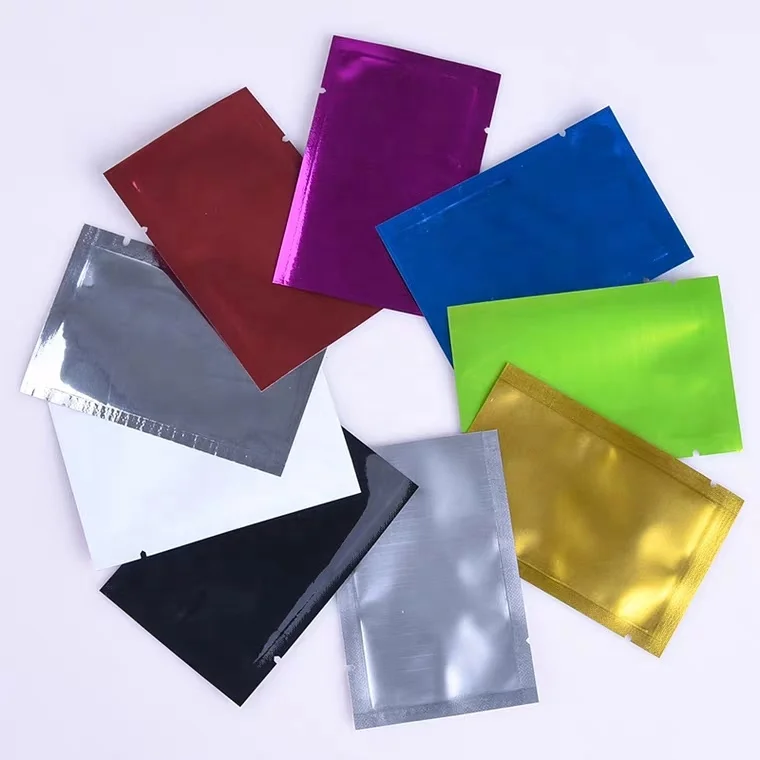 

Food Grade Coloful Mylar Aluminum Foil Three Side Seal Flat Bags with Tear Notches for Powder Packaging