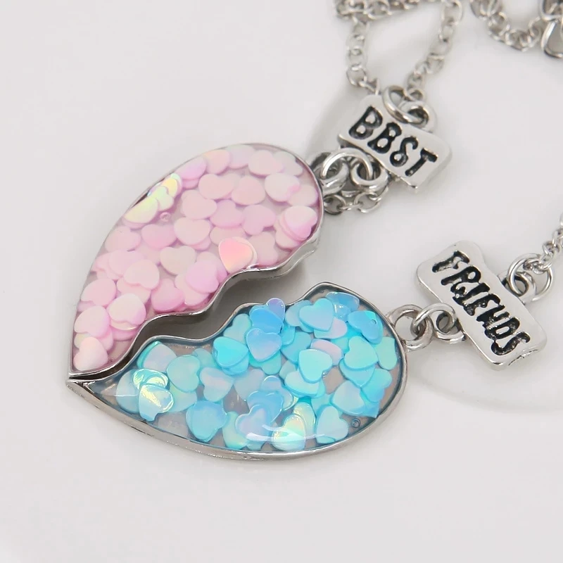 

Hot Sale Colorful Sequin Stitching Heart Broken Best Friends Necklace Pendant Chain Friendship Jewelry Necklace Gifts For Kids