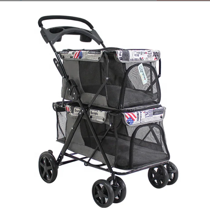 

Outdoor Luxury Double Dog Stroller Foldable 4 Wheels Dog Pram Trolley 3 in 1 Twin Pet Stroller for Dog Cat, Customizable