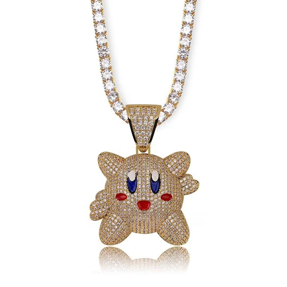 

New Iced Out 3D Kirby Pendant Necklace Mens/Women With Tennis Chain Bling Hip Hop Gold Silver Color Charm Chain Jewelry Gifts, Silver,gold