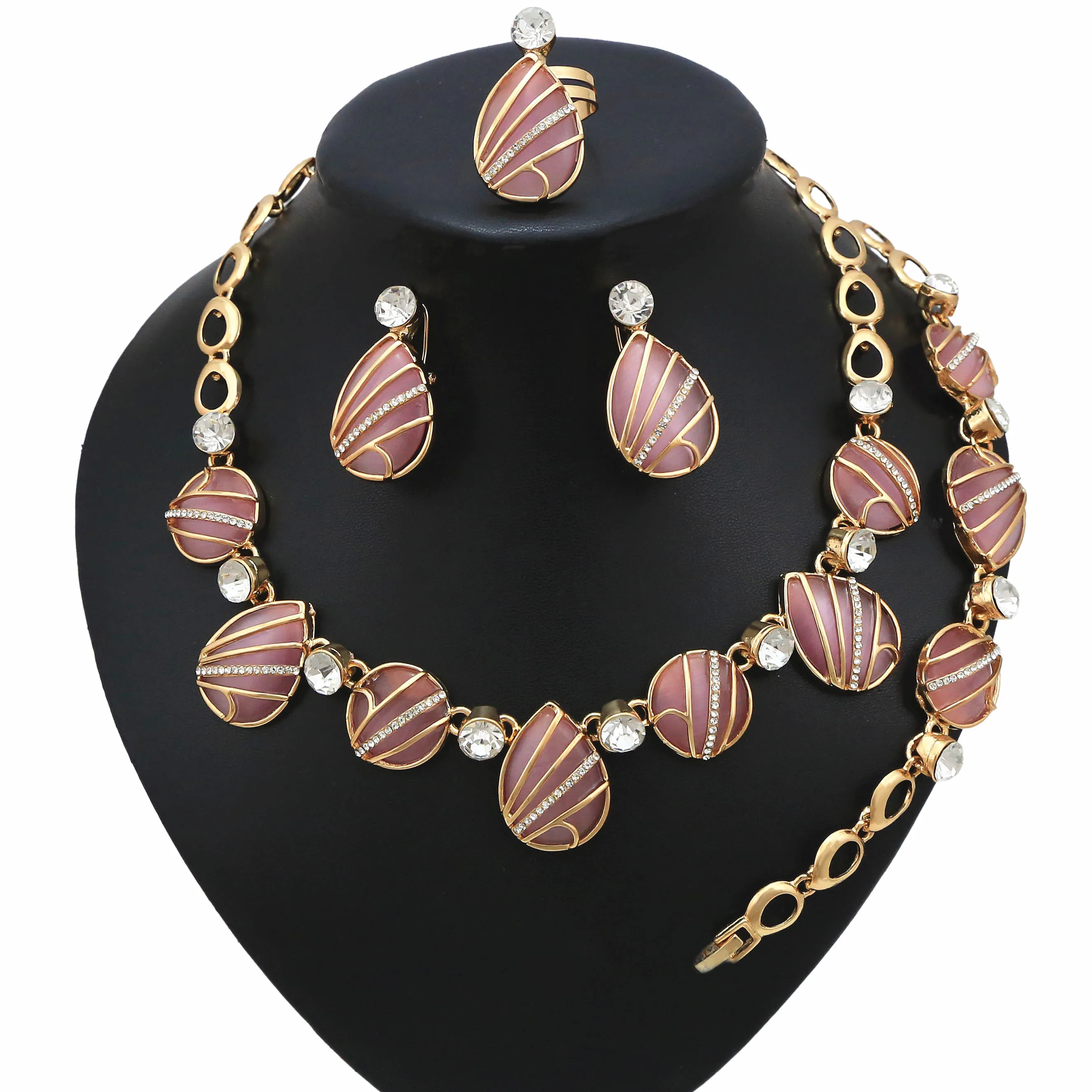 

Direct-Sale Fashion Jewelry Set Gold Plated Alloy Water Drop Shape Pink Semi-precious Gem Jewellery For Women