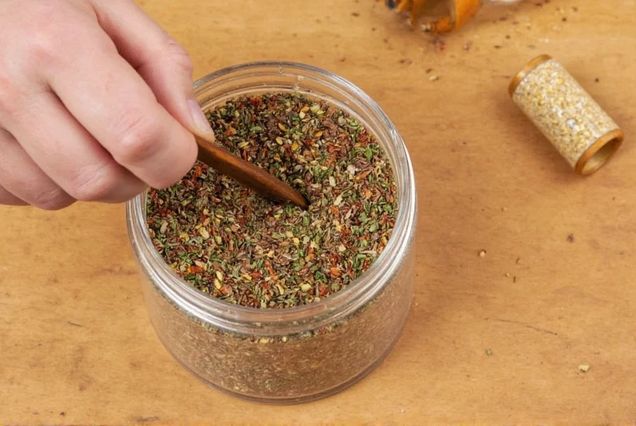 Jars of ground herbs stored on a spice rack