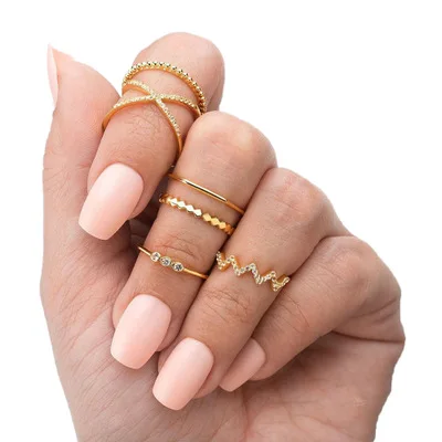 

Simple Dainty Women Jewelry Gold Plated Cross Knuckle Ring Stackable Micro Crystal Wave Ring Set