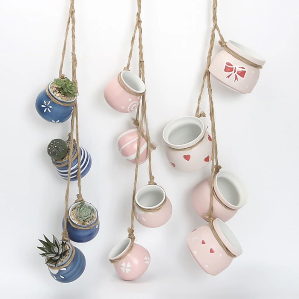 

Mini Zakka Hemp Rope Cylinder Succulents Ceramic Hanging Pot Hanging Wall Pot , Small Fairy Garden Plants Flowerpot, As the picture shown