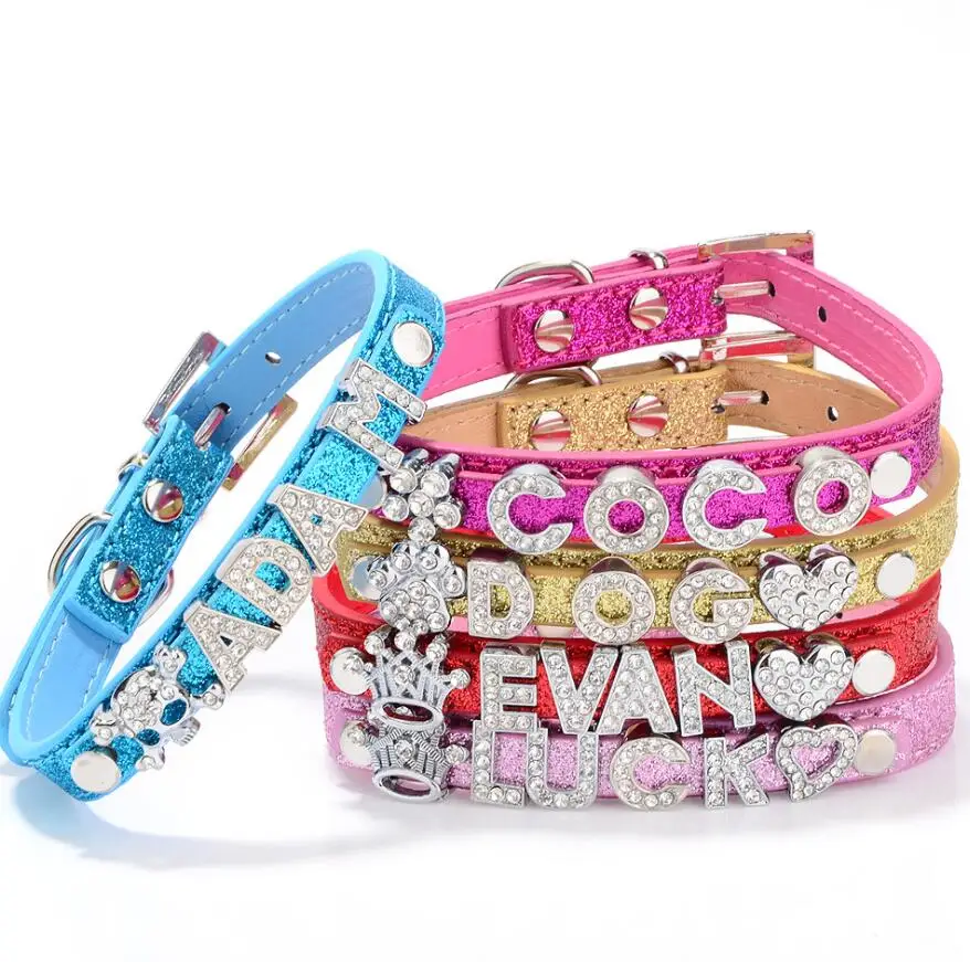 

Wholesale Bling Charms Slide Name Pet Collar Snake Pattern PU Leather DIY Letters Personalized Fashion Dog Collar, As picture