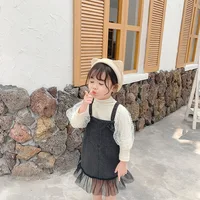 

2020 Girls Dress Autumn Winter Denim Strap Patchwork Mesh Children's Clothing Dress