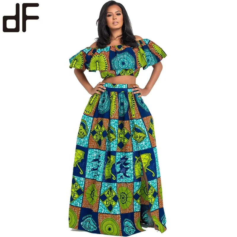 

wholesale fashion women african attire dresses and skirts pleated long maxi stretchy skirt digital print african dashiki skirt, Green,orange