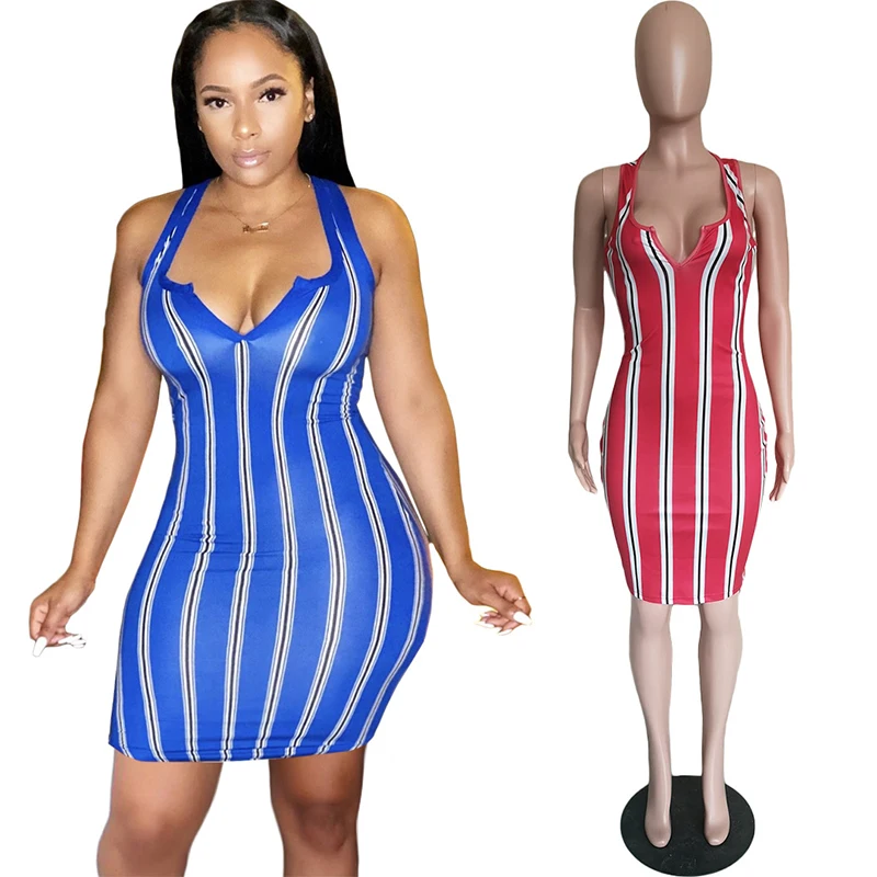 

Factory Direct Sales plus size women clothing Slim sleeveless striped printed open collar Casual dress