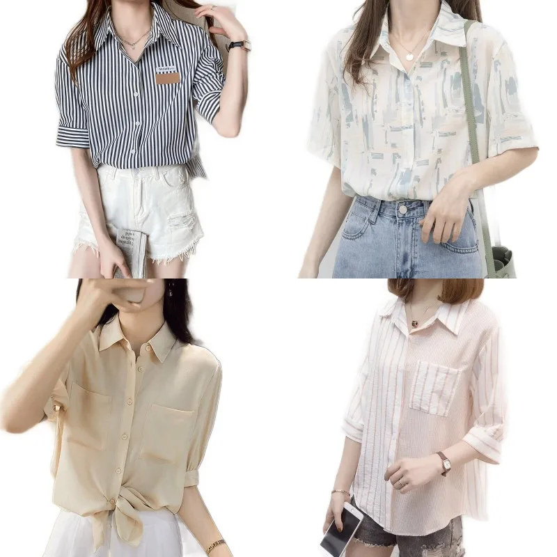 

2021 Summer Plaid Korean shirt Short sleeve fashion all-match trim regular button blouse for women, Mix