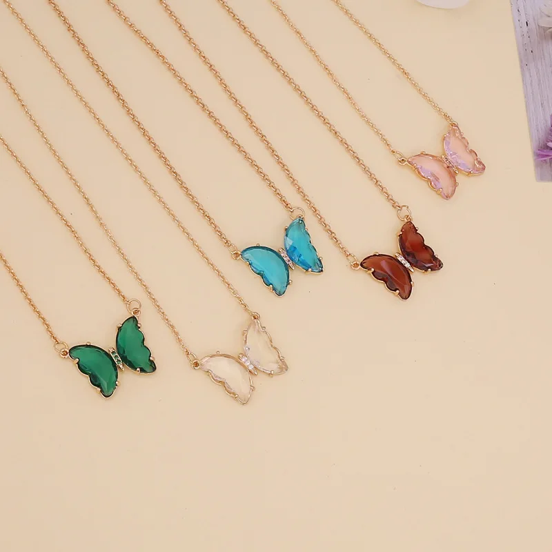 

New Creative Real Gold Plated Purple Glass Butterfly Necklace Clear Crystal Butterfly Necklace For Women Gift