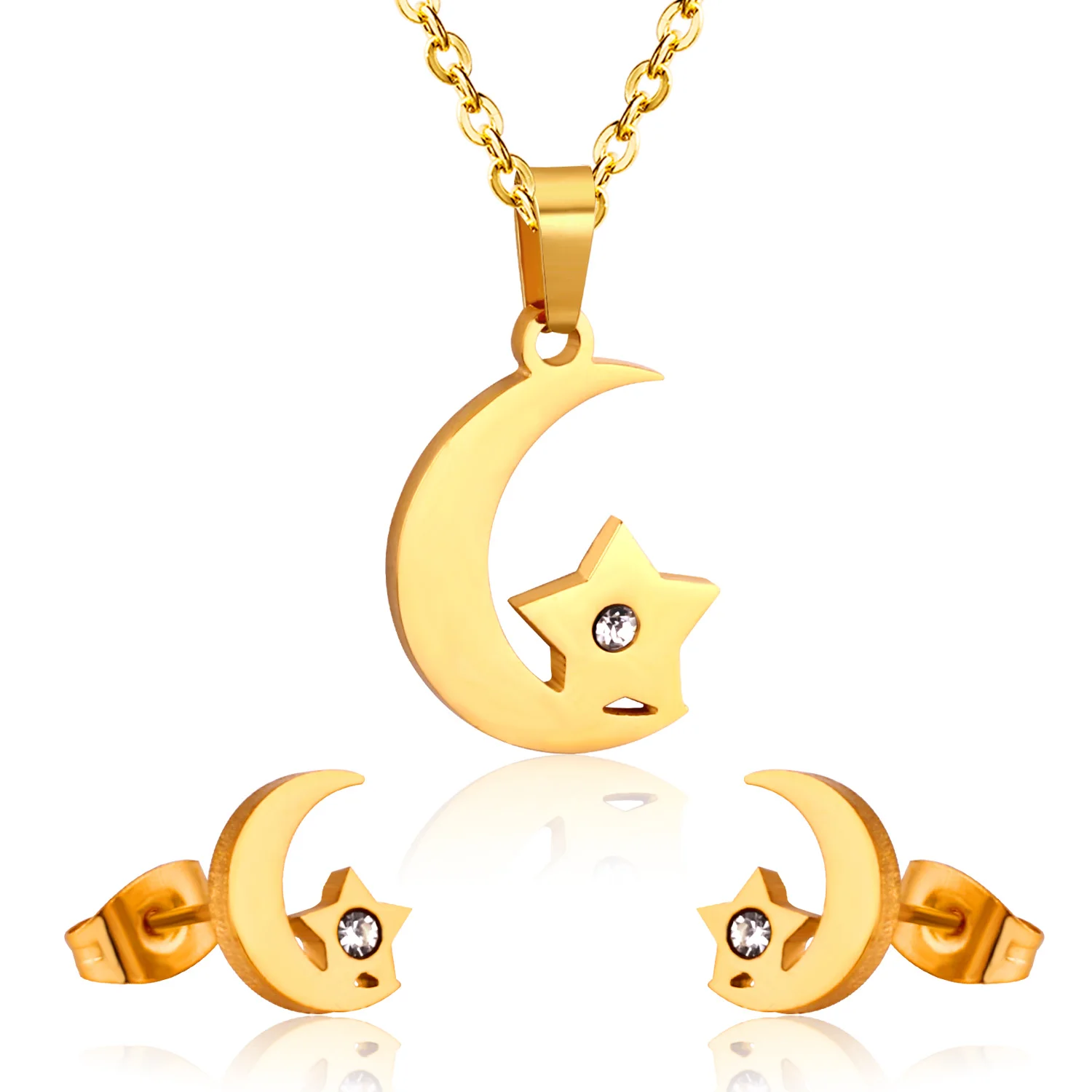 

Stainless Steel Jewelry Set 18k Gold Plated Moon Star Jewelry Trendy Women Gift Earrings And Pendant Statement Gold Jewelry Sets, Gold/steel