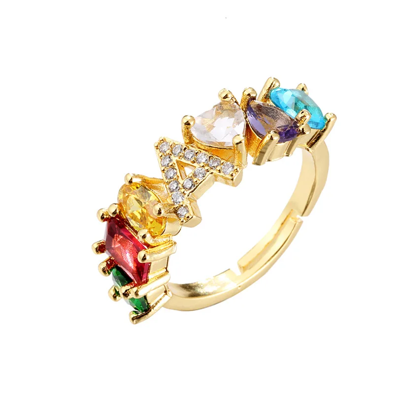 

Gold Plated Adjustable Baguette Zircon Initial Letter Ring Multi Color Multicolor Rainbow Zircon CZ Letter Finger Ring