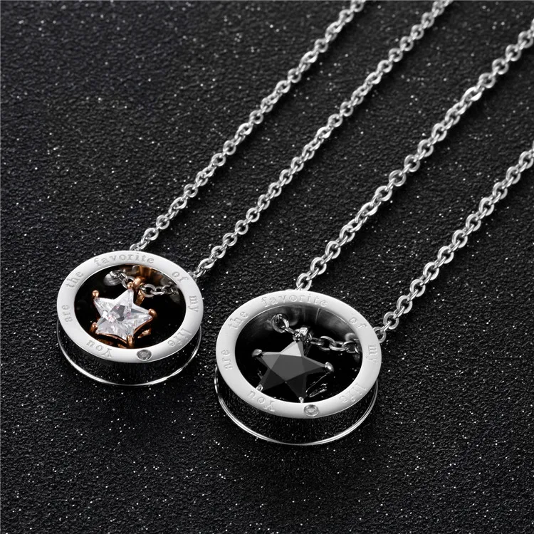 

Fashion titanium steel couple star circle necklace for men and women with diamonds five-pointed star couple pendant jewelry, Picture shows