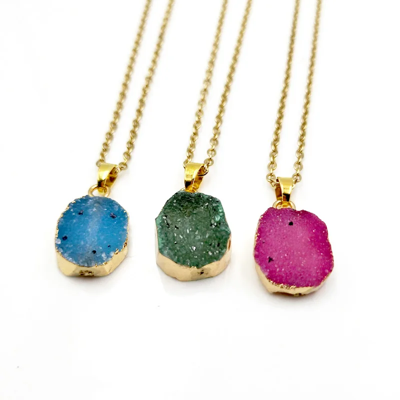 

Natural Freeform Tiny Cute Druzy Agate Charms Gemstone Jewellery Drop Shape Drusy Blue Pink Green Colors Stone Pendant Necklace, White druzy necklace