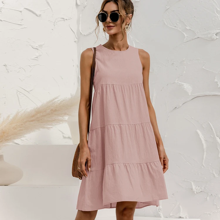 

Fashion 2022 Summer Vest Dress Cotton O-Neck Sleeveless Solid Midi Dress Stitching plus size Loose Casual dresses